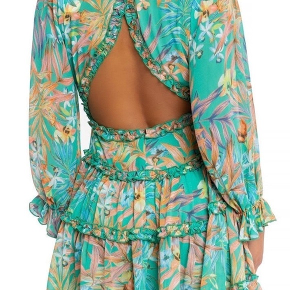 New B. Dainty Polyester Floral Green Cut Out Back Long Sleeve Babydoll Dress - Picture 2 of 13